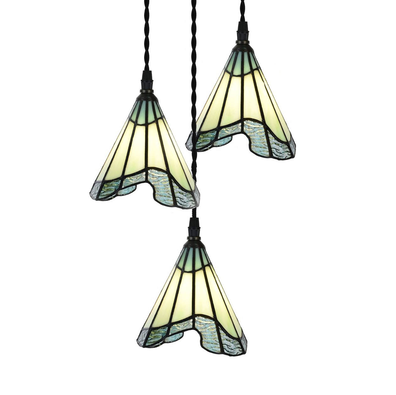 3-flammiger Kronleuchter mit böhmischen Glasschirmen